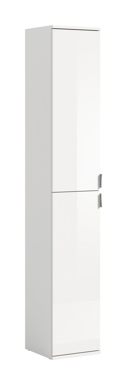 Weißer Hochschrank mit zwei Türen, seitliche Perspektive