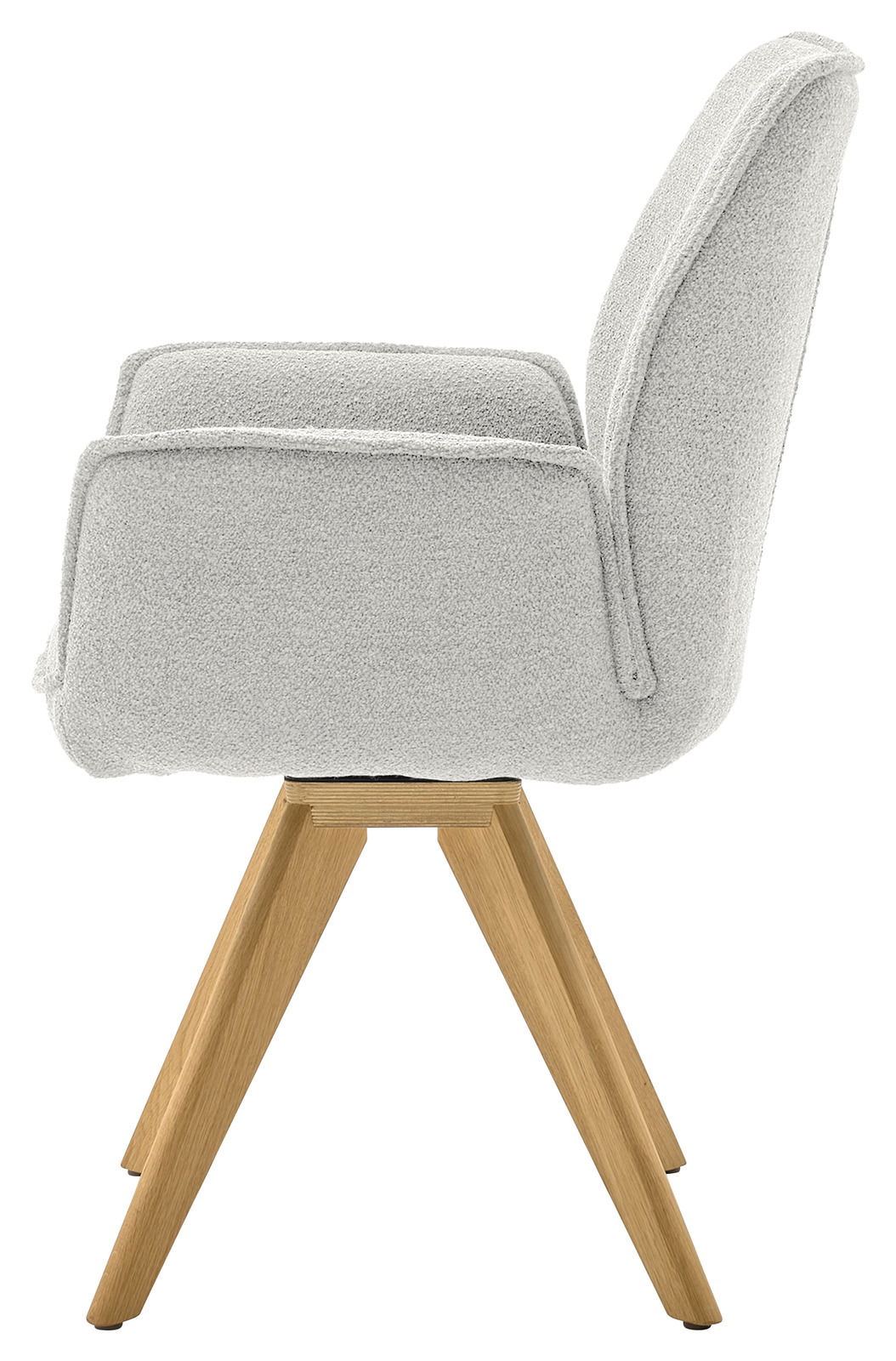 Seitenansicht eines modernen Armlehnstuhls mit hellgrauem Stoffbezug und Holzbeinen.