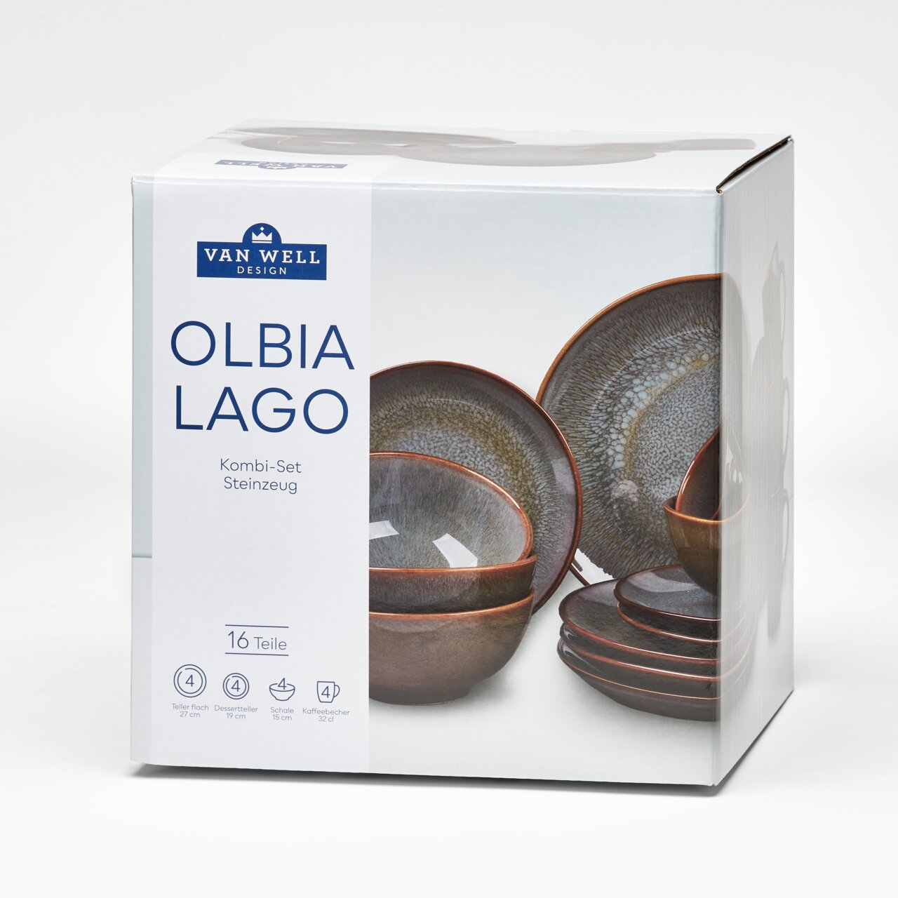 Kombiservice 16-tlg. Olbia Lago von Van Well Design, bestehend aus Steingut, abgebildet in einer schrägen Perspektive auf der Verpackung.