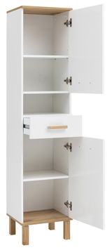 Weißer Hochschrank mit Holzelementen, offene Türen und Schublade, Frontalansicht
