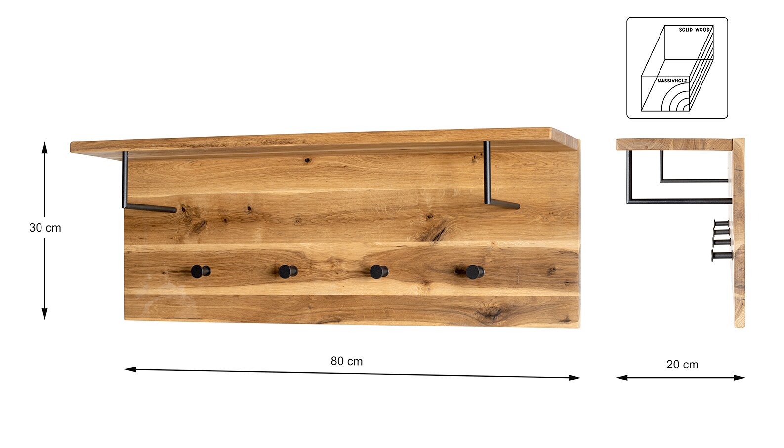 Wandgarderobe aus Massivholz mit Ablage, Metallaufhängungen und vier schwarzen Haken, Maße ca. 80 x 30 x 20 cm, Frontansicht mit seitlicher Detailansicht auf weißem Hintergrund