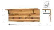 Wandgarderobe aus Massivholz mit Ablage, Metallaufhängungen und vier schwarzen Haken, Maße ca. 80 x 30 x 20 cm, Frontansicht mit seitlicher Detailansicht auf weißem Hintergrund