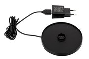 Schwarzes Ladegerät mit Kabel und runder Basis für Akku-Tischleuchte, Ansicht von oben