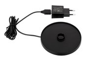 Schwarzes Ladegerät mit Kabel und runder Basis für Akku-Tischleuchte, Ansicht von oben