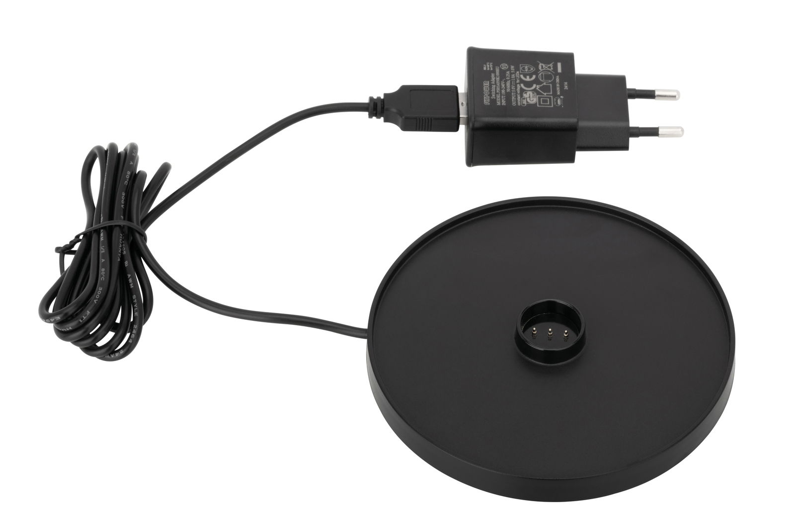 Schwarzes Ladegerät mit Kabel und runder Basis für Akku-Tischleuchte, Ansicht von oben