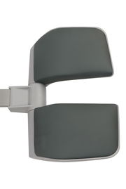 Rückenlehne eines Drehstuhls in grauer Farbe, von oben betrachtet.