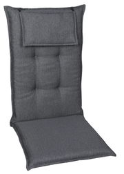 Graue Sesselauflage mit Kopfpolster, frontal fotografiert.