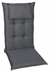 Graue Sesselauflage mit Kopfpolster, frontal fotografiert.