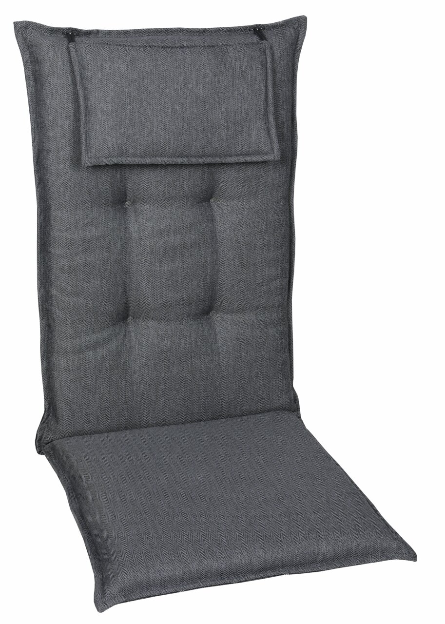 Graue Sesselauflage mit Kopfpolster, frontal fotografiert.