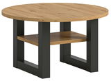 Runder Couchtisch aus Holz mit schwarzem Metallgestell, seitliche Perspektive