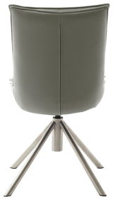 Rückansicht eines modernen Stuhls mit grünem Bezug und Metallbeinen.