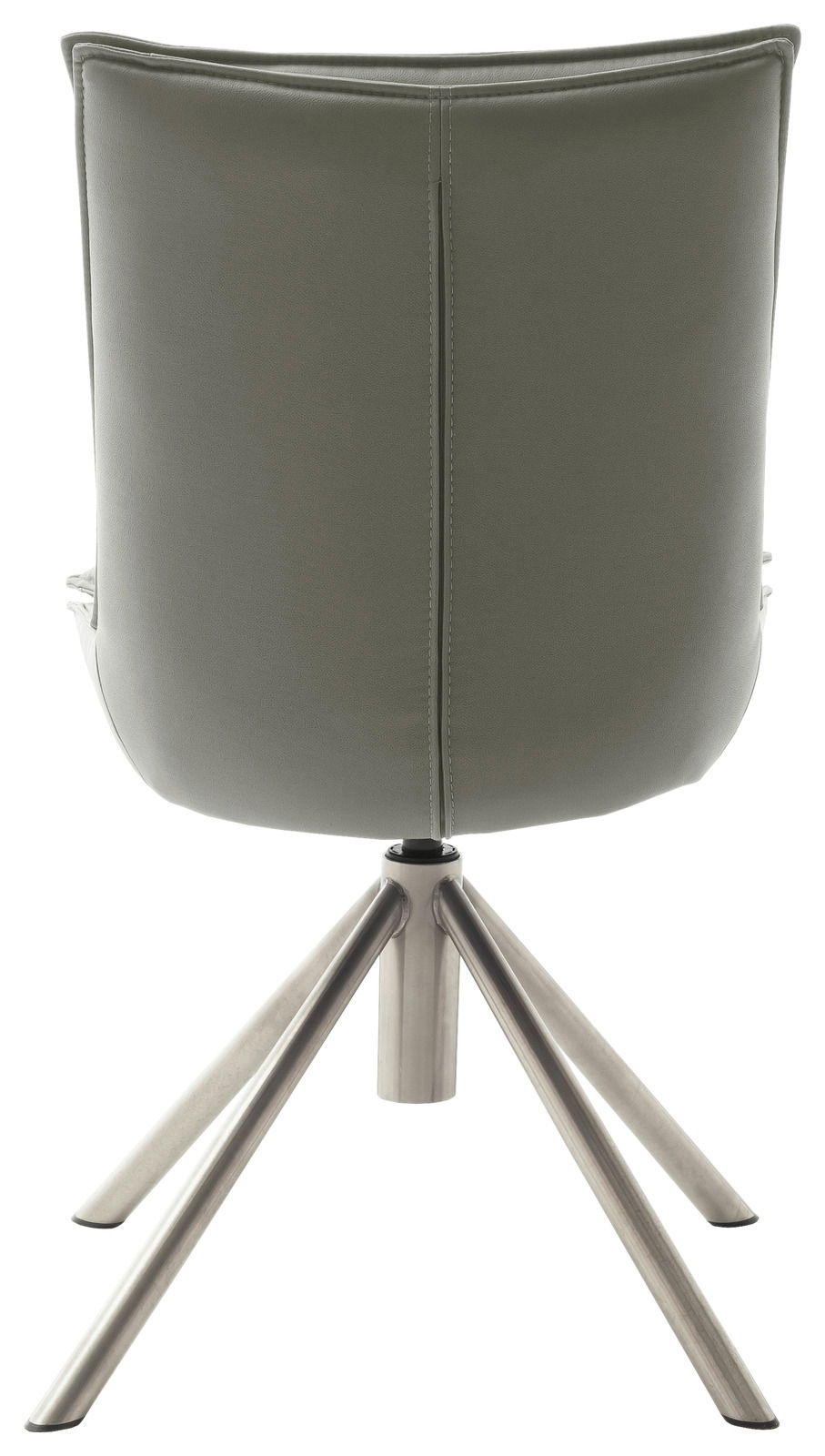 Rückansicht eines modernen Stuhls mit grünem Bezug und Metallbeinen.