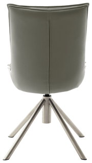 Rückansicht eines modernen Stuhls mit grünem Bezug und Metallbeinen.