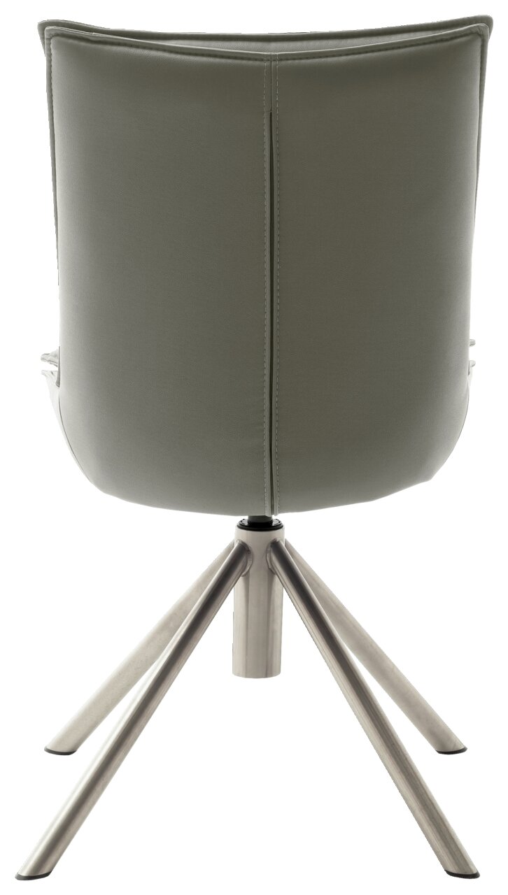 Rückansicht eines modernen Stuhls mit grünem Bezug und Metallbeinen.