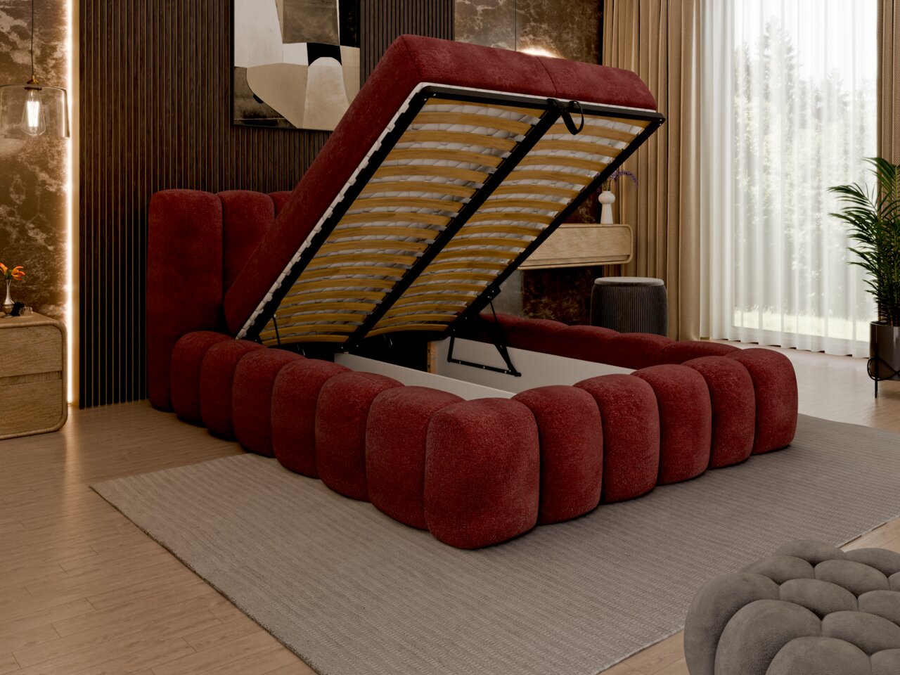 Polsterbett in einem modernen Schlafzimmer, mit hochgeklappter Matratze und Stauraum darunter, aus der Perspektive von vorne rechts.