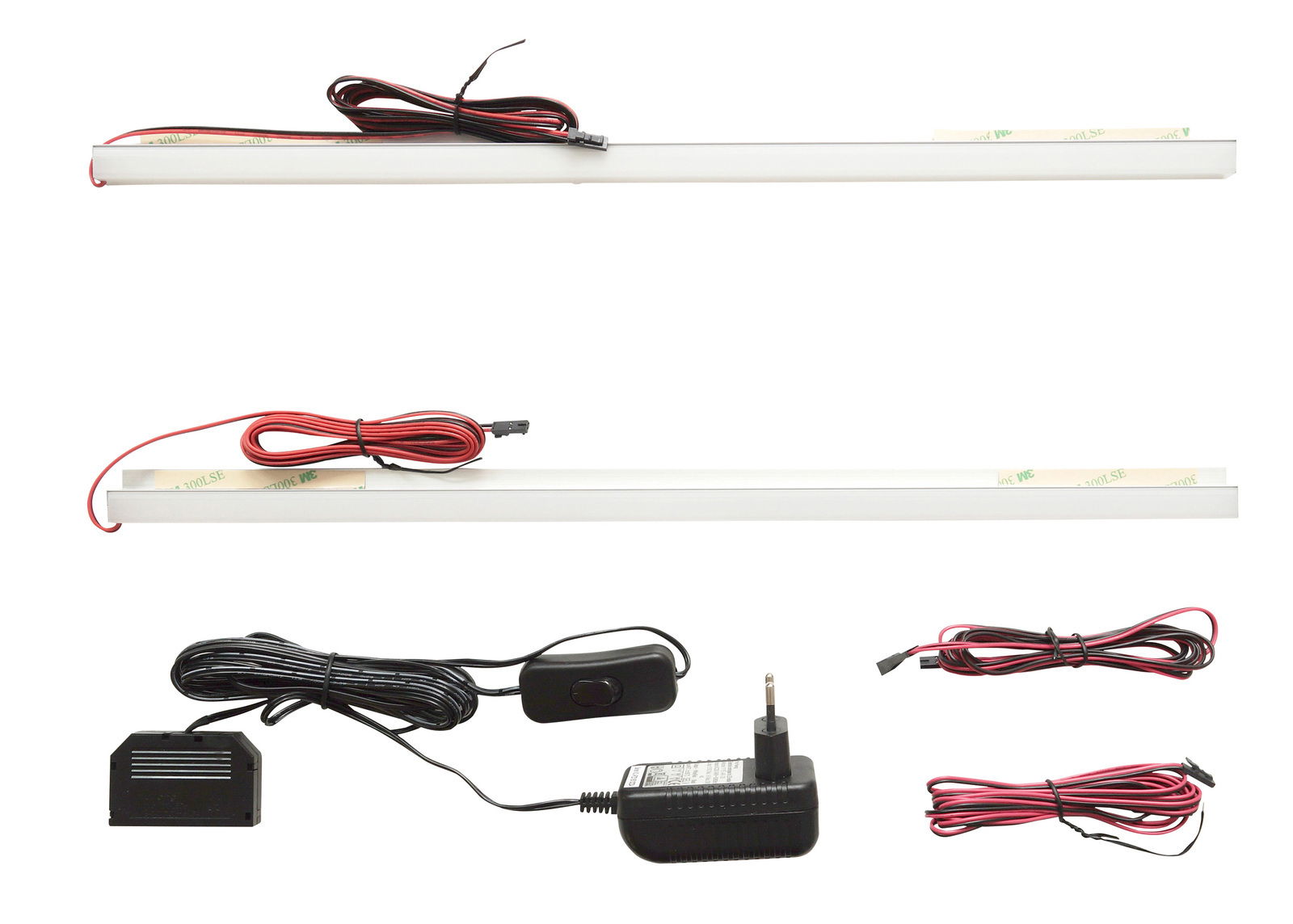 LED-Rückwandbeleuchtung mit Netzteil und Kabeln, seitliche Perspektive