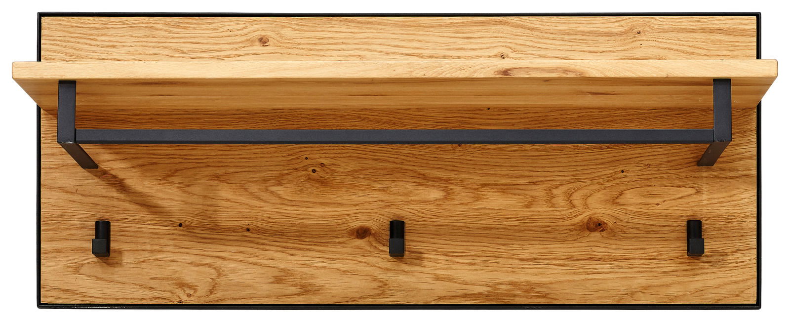 Garderobenpaneel aus Holz mit drei schwarzen Haken und einer Ablage, Ansicht von vorne.