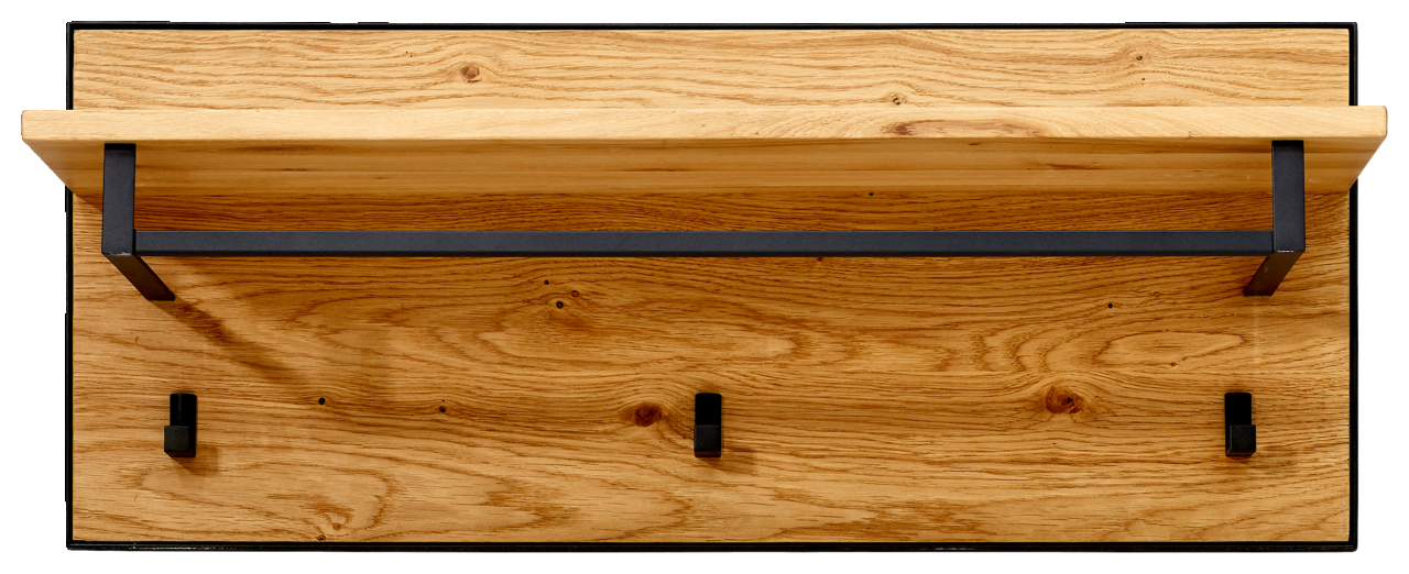 Garderobenpaneel aus Holz mit drei schwarzen Haken und einer Ablage, Ansicht von vorne.