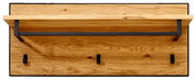 Garderobenpaneel aus Holz mit drei schwarzen Haken und einer Ablage, Ansicht von vorne.