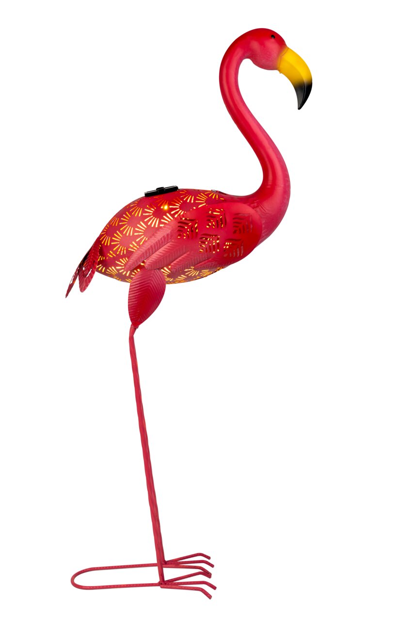 Rode zonne-lamp in de vorm van een flamingo, zijaanzicht