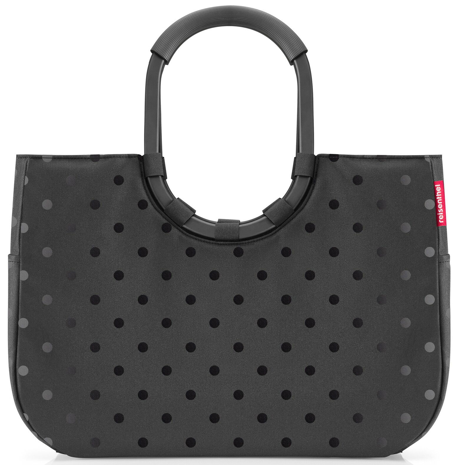 Schwarze Einkaufstasche mit glänzenden Punkten und ovalem Griff, Vorderansicht