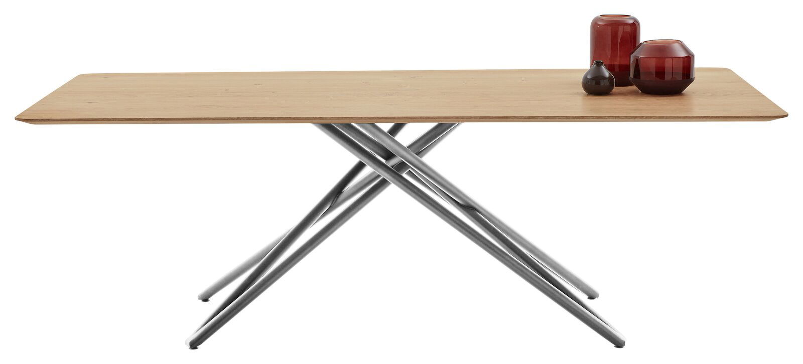 Moderner Esstisch mit Holzplatte und gekreuzten Metallbeinen, seitliche Perspektive