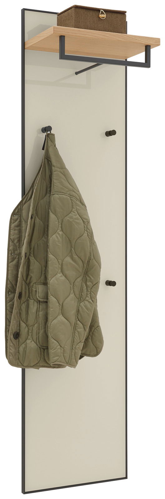 Dieter Knoll Garderobenpaneel ATINA Garderobenpaneel mit Holzablage und Haken, seitliche Perspektive, mit grünem Mantel und Aufbewahrungsbox.