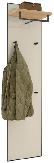 Garderobenpaneel mit Holzablage und Haken, seitliche Perspektive, mit grünem Mantel und Aufbewahrungsbox.