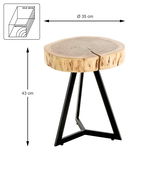Runder Beistelltisch aus Massivholz mit Metallgestell, Durchmesser 35 cm, Höhe 43 cm, seitliche Perspektive