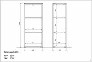 Zeichnung eines niedrigen Aktenregals mit drei Fächern, Vorder- und Seitenansicht, Maße: Breite 50 cm, Höhe 120 cm, Tiefe 37 cm.
