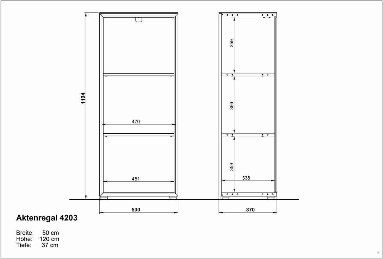 Zeichnung eines niedrigen Aktenregals mit drei Fächern, Vorder- und Seitenansicht, Maße: Breite 50 cm, Höhe 120 cm, Tiefe 37 cm.