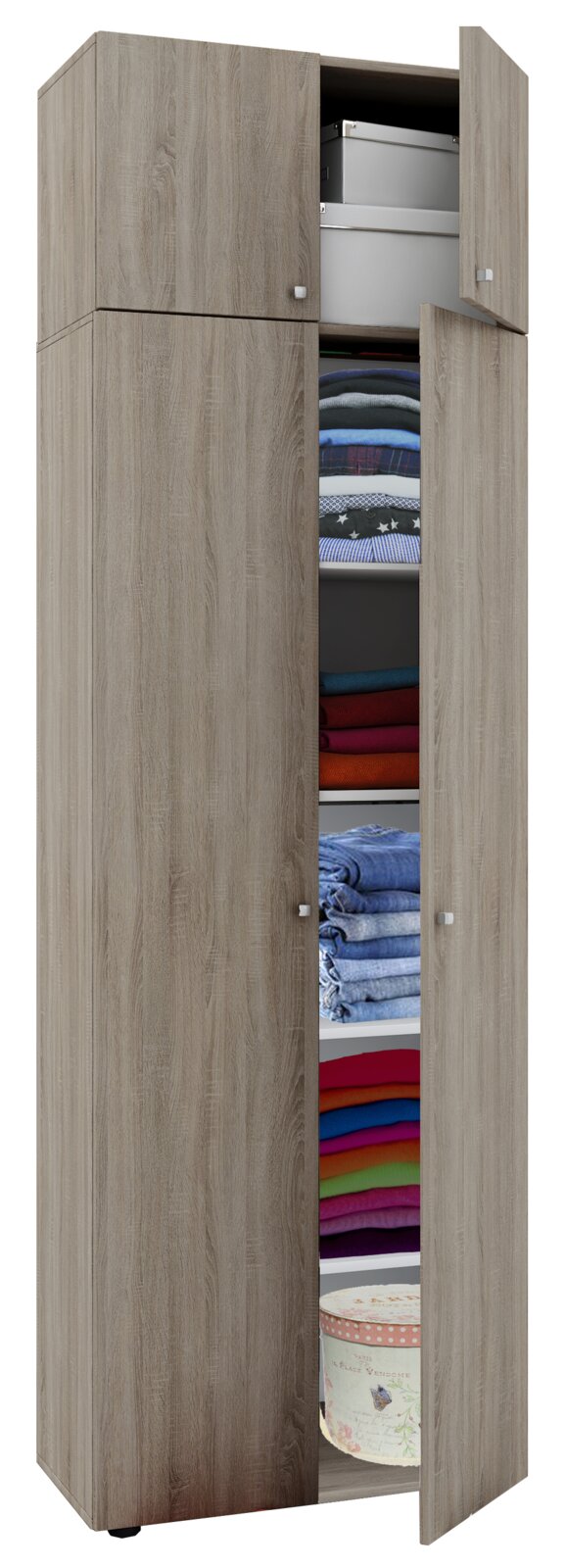 VCM Mehrzweckschrank VANDOL Hoher Kleiderschrank in heller Holzoptik mit mehreren Fächern und teilweise geöffneten Türen, innen mit gefalteter Kleidung und Boxen; frontale Ansicht mit leicht schräger Perspektive