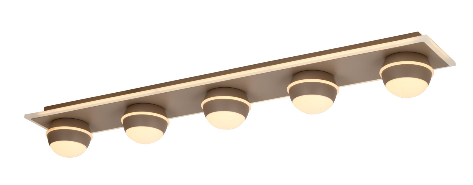 Moderne led-plafondlamp met vijf ronde lampen, zijaanzicht