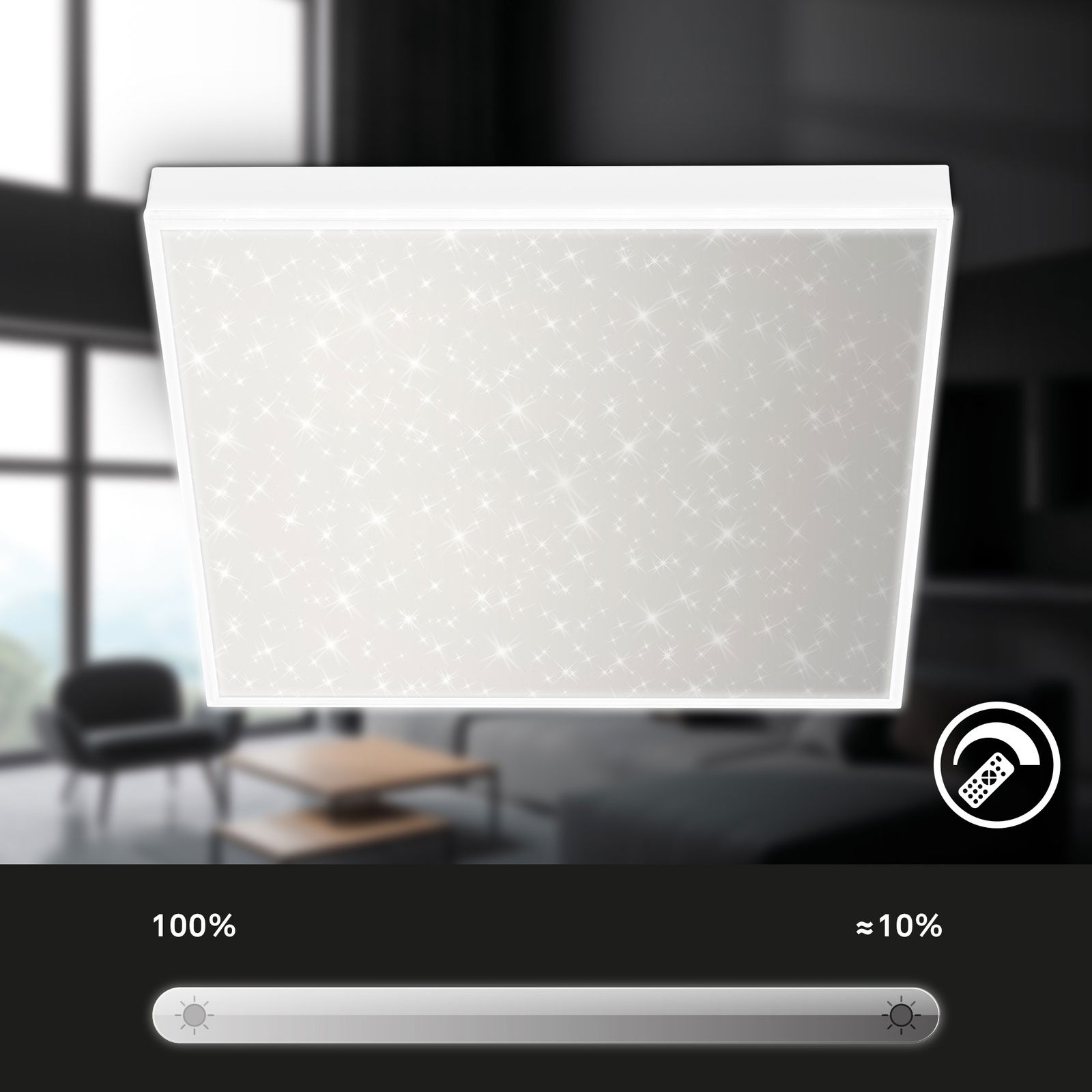 LED-Deckenleuchte mit funkelndem Sterneneffekt, quadratische Form, Ansicht von unten, dimmbar mit Fernbedienung