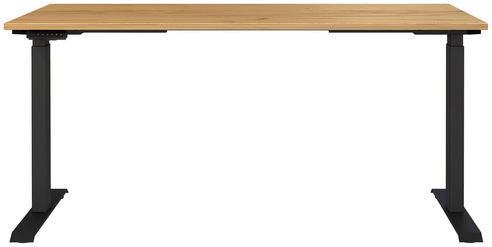 Elektrisch höhenverstellbarer Schreibtisch mit Holzplatte und schwarzem Gestell, Frontalansicht