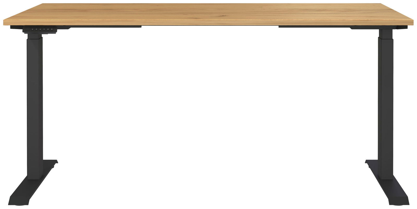 Elektrisch höhenverstellbarer Schreibtisch mit Holzplatte und schwarzem Gestell, Frontalansicht