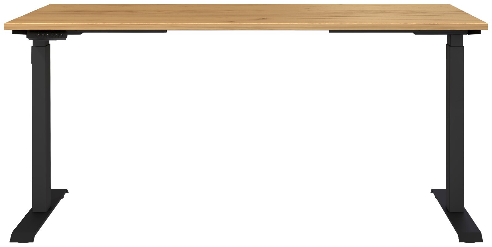 Elektrisch höhenverstellbarer Schreibtisch mit Holzplatte und schwarzem Gestell, Frontalansicht