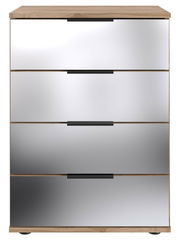 Moderne Nachtkommode mit vier Schubladen in Holzoptik und spiegelnder Front, Frontalansicht