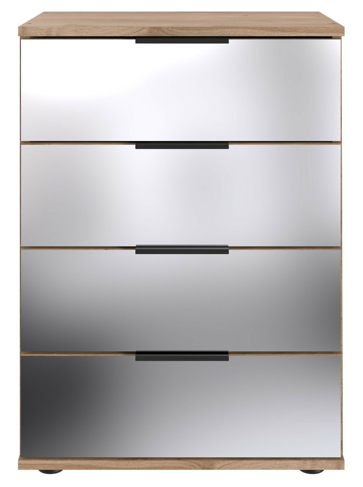 Moderne Nachtkommode mit vier Schubladen in Holzoptik und spiegelnder Front, Frontalansicht