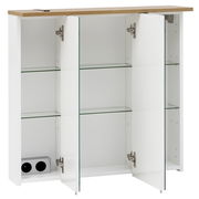 Spiegelschrank mit drei offenen Türen, Glasregalen und Holzoberfläche, Frontalansicht