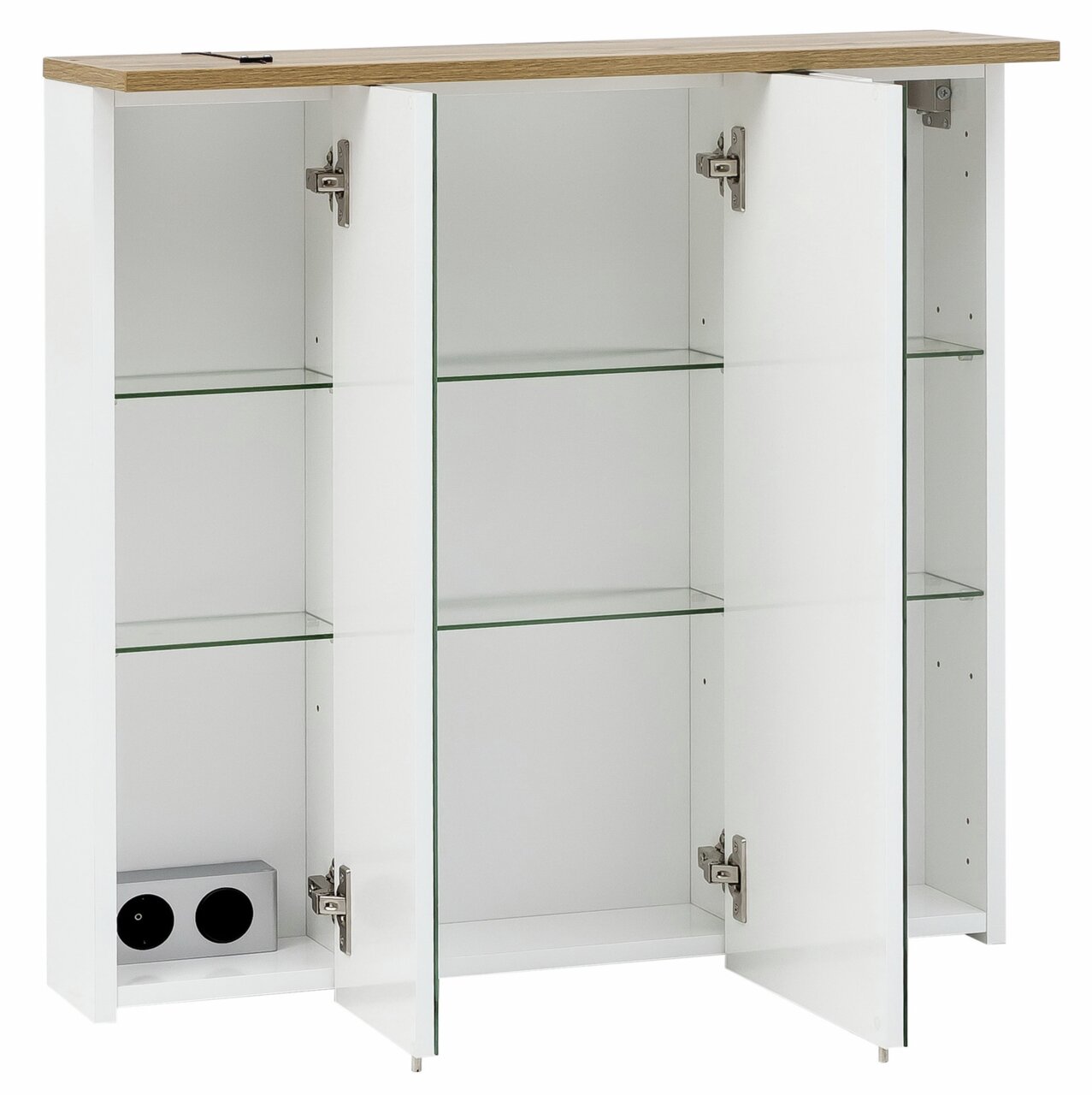 Stylife Spiegelschrank JELDA Spiegelschrank mit drei offenen Türen, Glasregalen und Holzoberfläche, Frontalansicht