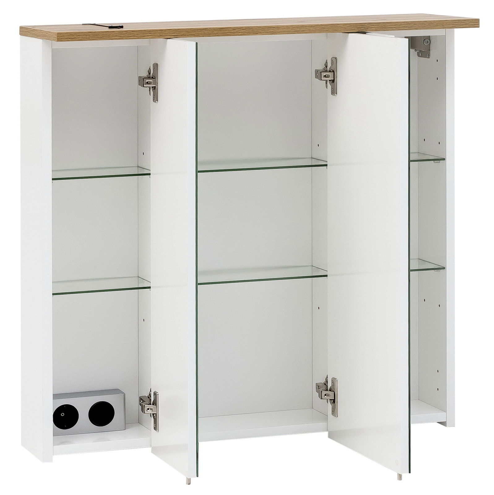 Spiegelschrank mit drei offenen Türen, Glasregalen und Holzoberfläche, Frontalansicht