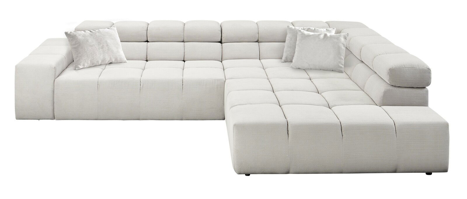 Moderne, helle Rundecke mit zwei Kissen, perspektivisch von vorne rechts fotografiert.