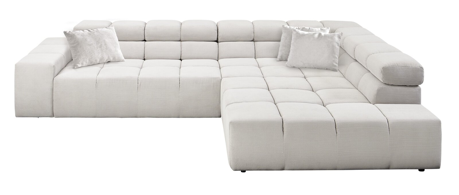 Moderne, helle Rundecke mit zwei Kissen, perspektivisch von vorne rechts fotografiert.