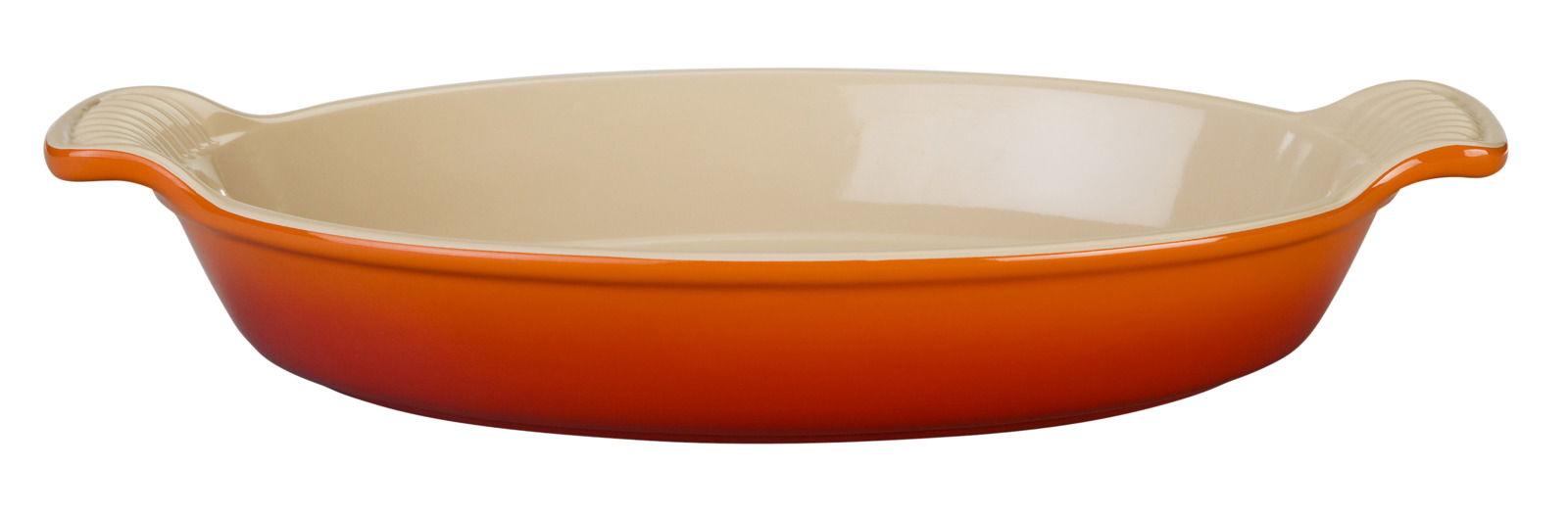 Ovale Auflaufform 28 cm in Ofenrot, seitliche Perspektive