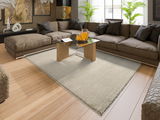 Beige Uni-Teppich in einem modernen Wohnzimmer mit braunem Sofa und Glastisch, von oben betrachtet.