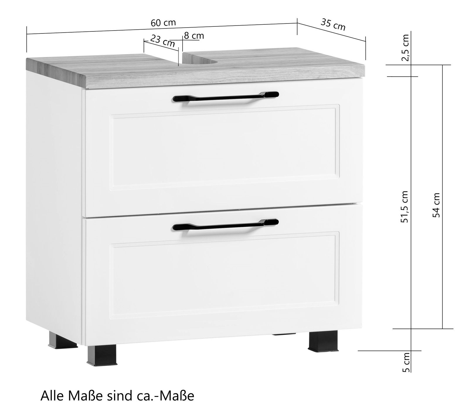 Weißer Waschbeckenunterschrank mit zwei Schubladen und schwarzen Griffen, seitliche Perspektive, Maße ca. 60 cm x 35 cm x 54 cm