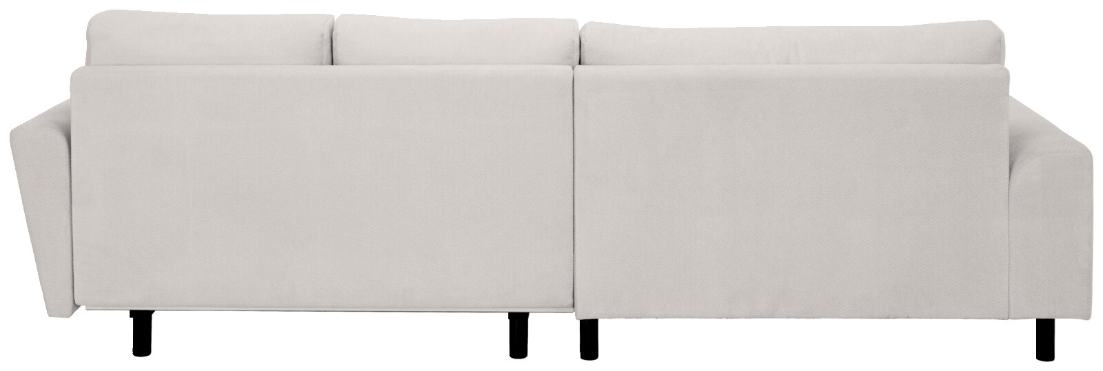 Rückansicht eines hellbeigen 2-Sitzer-Sofas mit gepolsterter Rückenlehne, schmalen Armlehnen und schwarzen Füßen