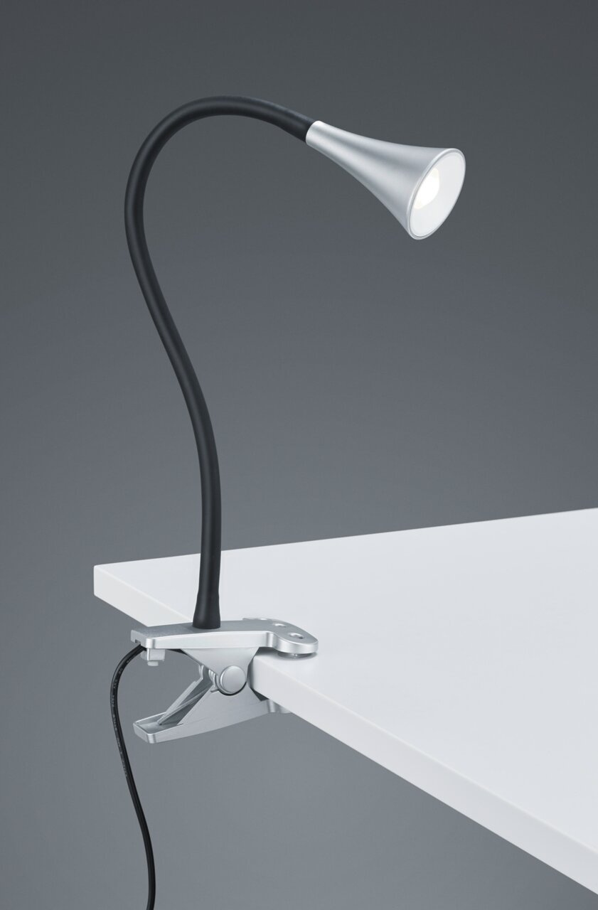 LED-Klemmleuchte VIPER, seitliche Ansicht, befestigt an einer Tischkante mit flexiblem Hals und modernem Design.