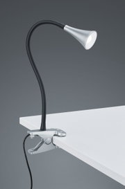 LED-Klemmleuchte VIPER, seitliche Ansicht, befestigt an einer Tischkante mit flexiblem Hals und modernem Design.